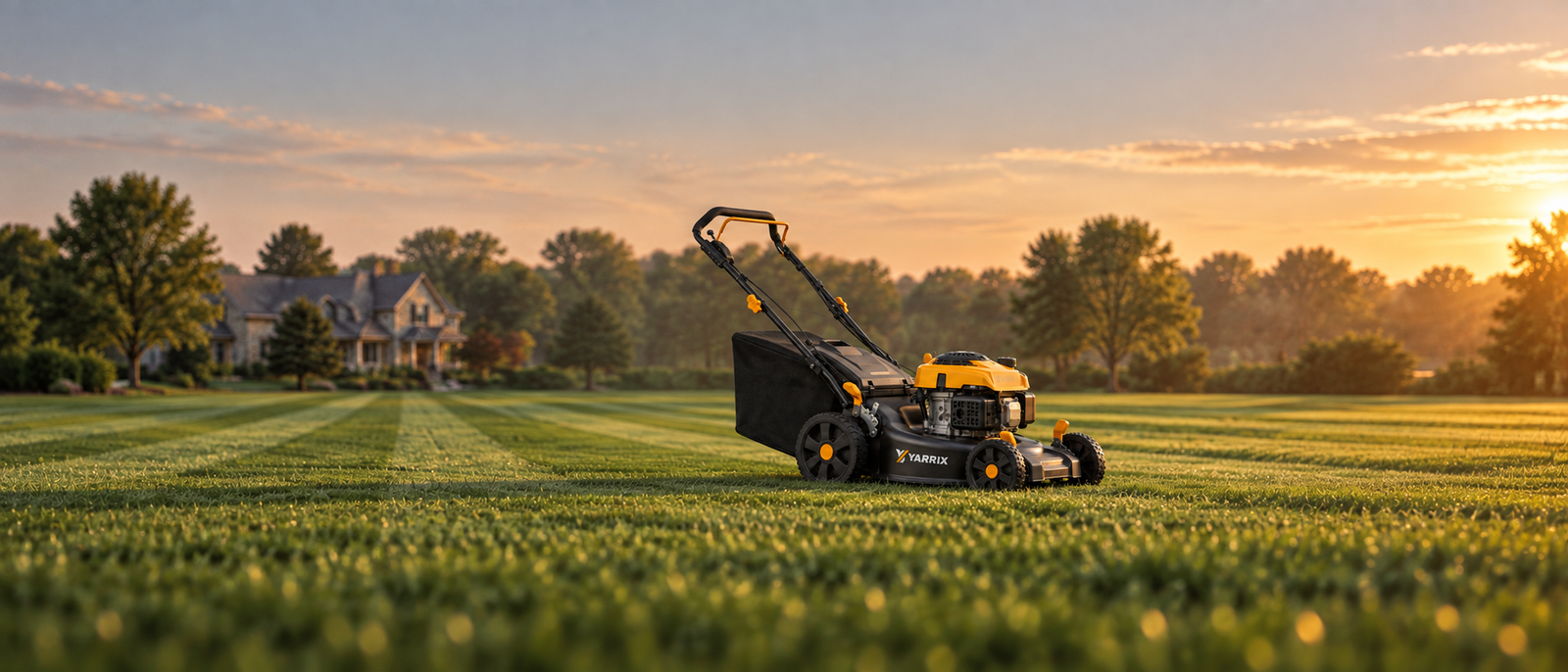 A Yarrix walk-behind mower cutting a residential lawn