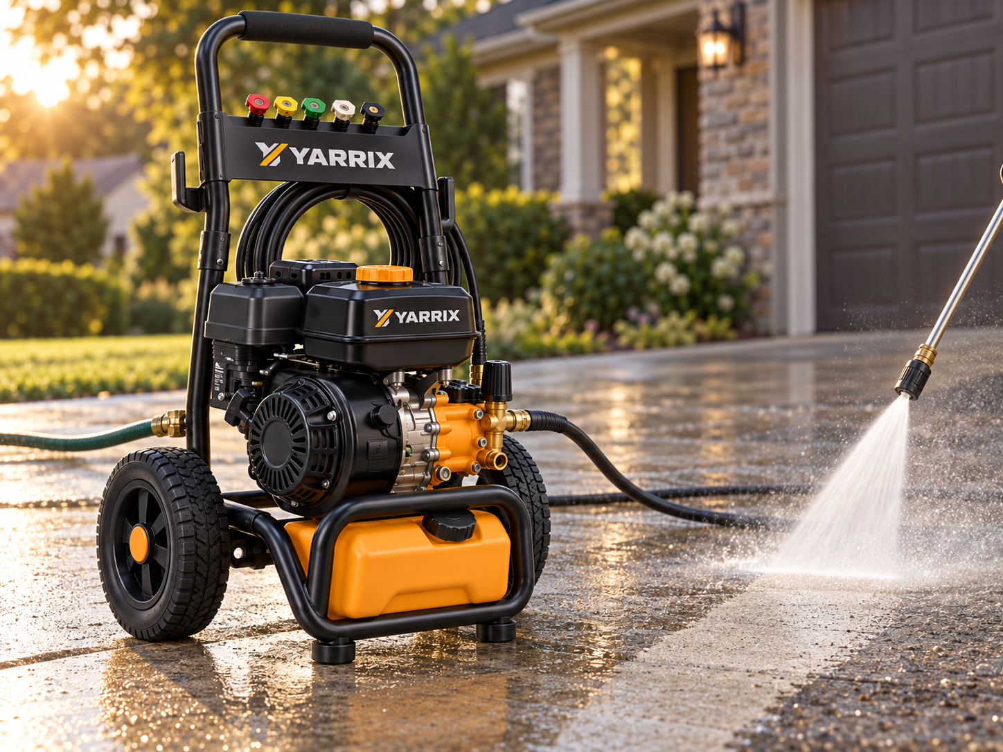 Yarrix P3000 gas pressure washer cleaning a concrete driveway